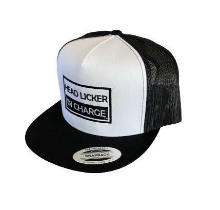 THIGHBRUSH® "HEAD LICKER IN CHARGE" - Trucker Snapback Hat - White and Black - Flat Bill