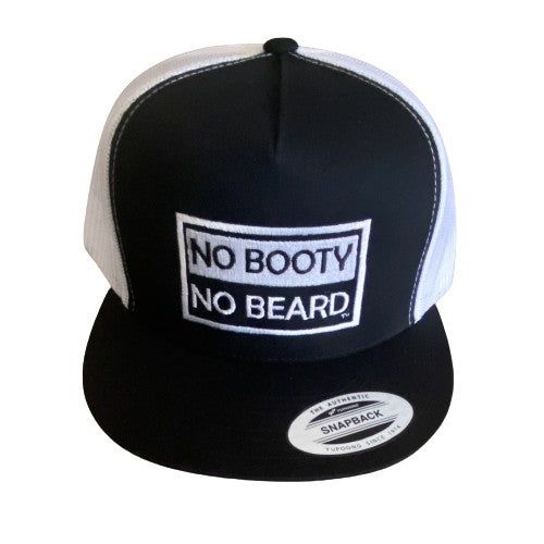 THIGHBRUSH® "NO BOOTY NO BEARD" - Trucker Snapback Hat - Black and White - Flat Bill