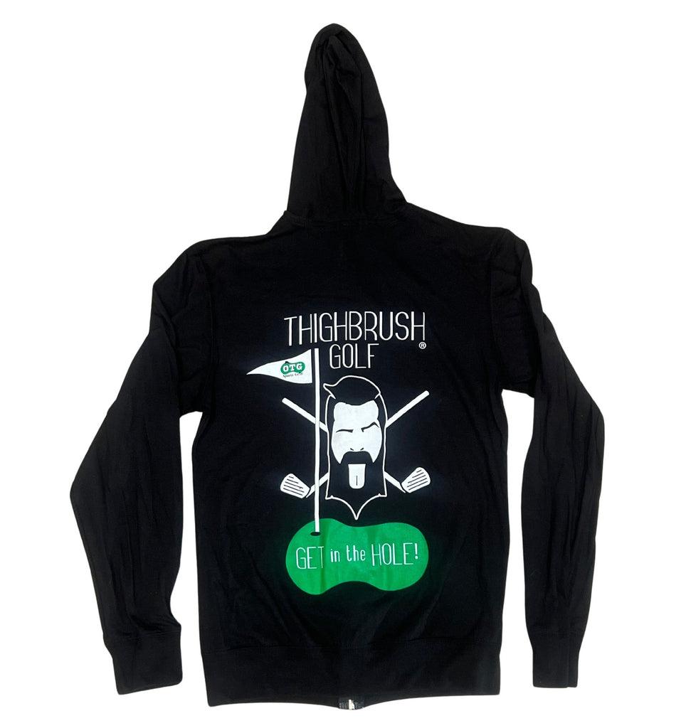 THIGHBRUSH® GOLF - GET IN THE HOLE - Women's Zipper Hooded Long Sleeve T-Shirt - Black